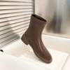 Square Martin Boots Women's Brown Short Boots Fleece Elastic Boots Cowhide Skinny Boots Flat Bottom