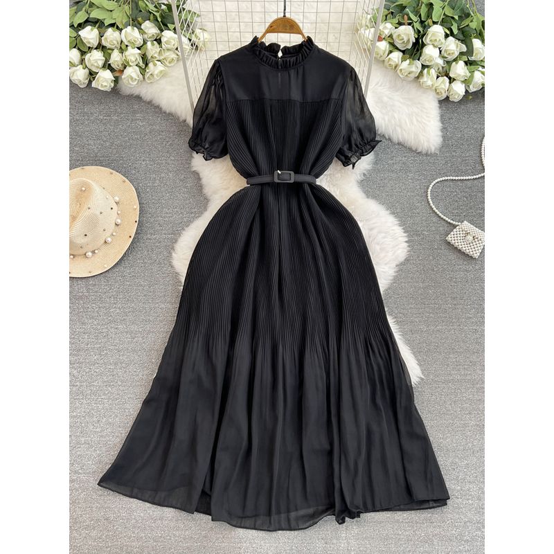 Spring and Autumn New Arrival French Style Retro round Neck Short Sleeves Chiffon Dress Women's Tight Waist Slim Looking Elegant Pleated Midi Dress
