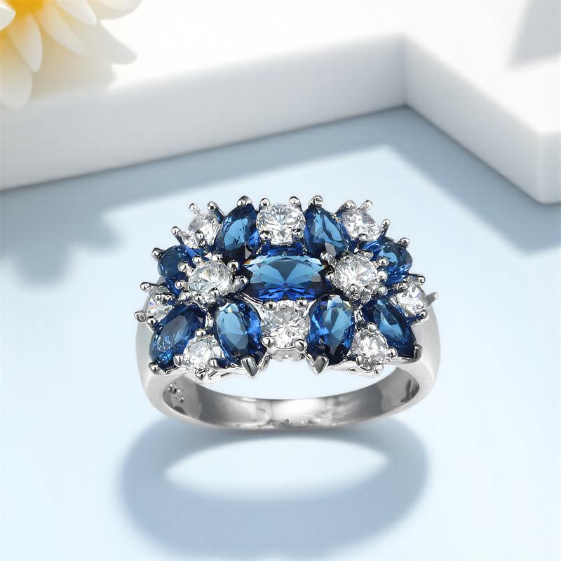 Blue Crystal White Zircon Star Flower Rings For Women CopperColor Engagement Promise Band Wedding Jewelry Valentine's Day Gifts