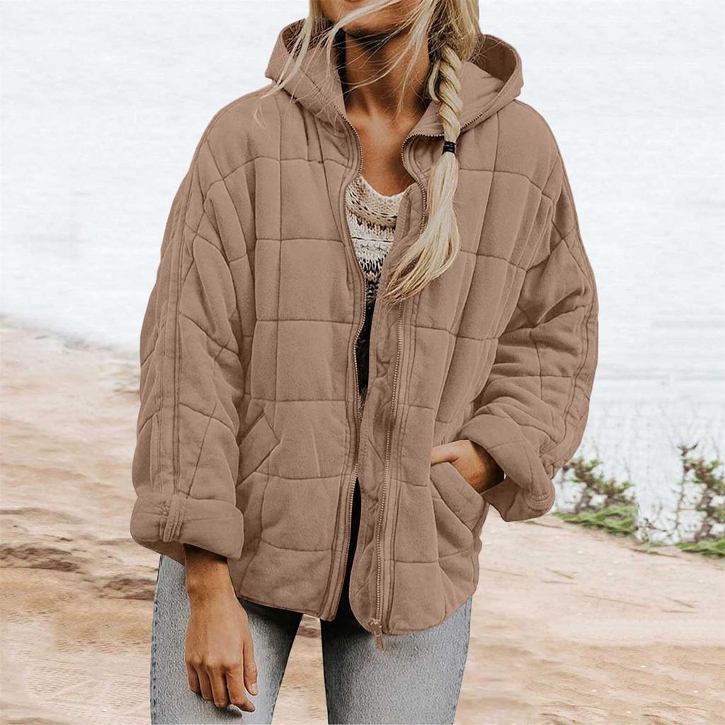 Women's Fashion Color Hooded Plaid Padded Jacket Warm Loose Fit Winter Coat
