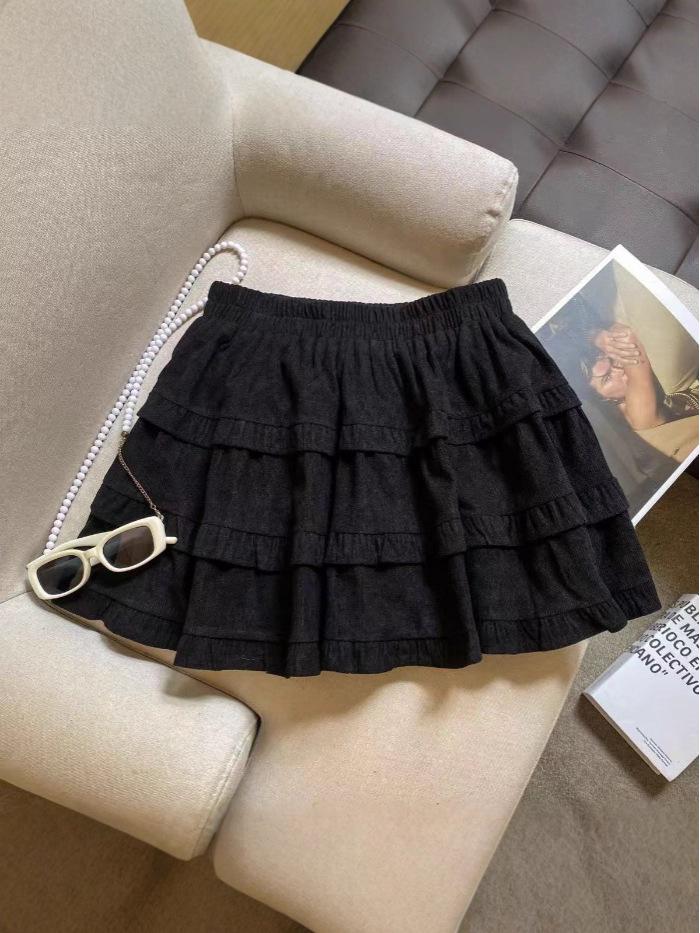 Autumn/Winter 2025 Korean Style Corduroy Skirt: High Waist, Sweet Ruffles, Pleated Double Layer, Fluffy Short Skirt.