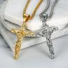 Religious Christ Jesus Cross Pendant Gold Silver Color Stainless Steel Christian Crucifix Necklace for Men Women Jewelry Gift