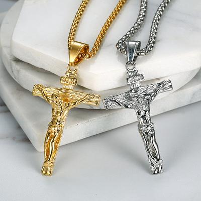 Religiöser Christus Jesus Kreuz Anhänger Gold Silber Farbe Edelstahl Christliches Kruzifix Halskette für Männer Frauen Schmuck Geschenk