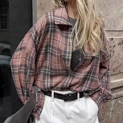 Vintage Fahsion Loose Plaid Shirts Damen Langarm Polokragen Baumwolloberteil Einreihig Übergroße Blusen Pendeln Lässiger Basic-Stil Frühling Herbst
