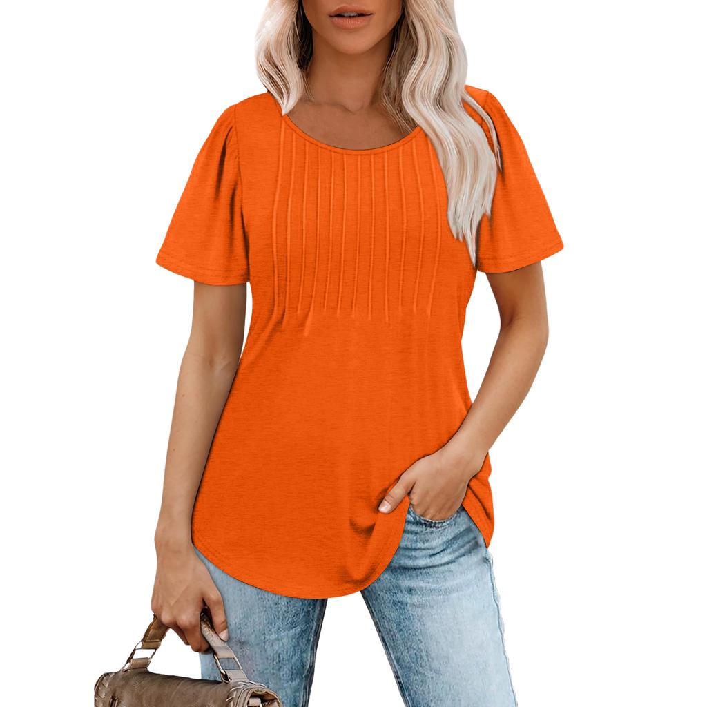 Women Short Sleeve Pleated T Shirt Casual Loose Fit Crew Neck Ruched Top Soft Lightweight Blouse for Daily Wear Office School