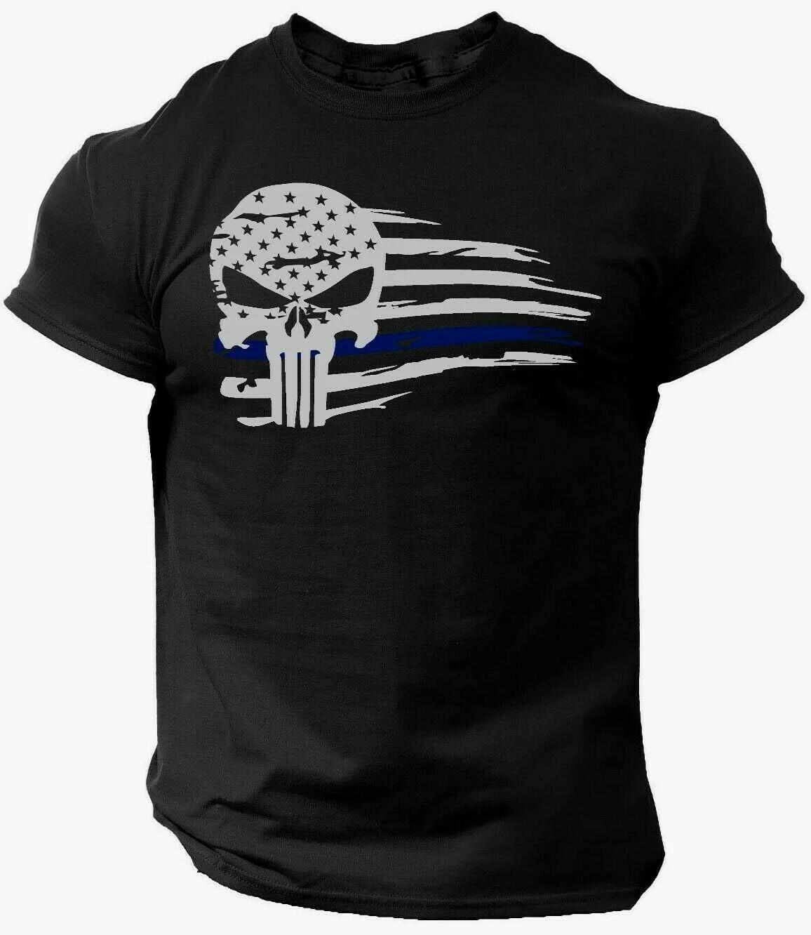 Skull  blue T-Shirt USA Warrior Flag Military Punisher Patriotic Skull Gym - Men s Summer Cotton Graphic Tee S