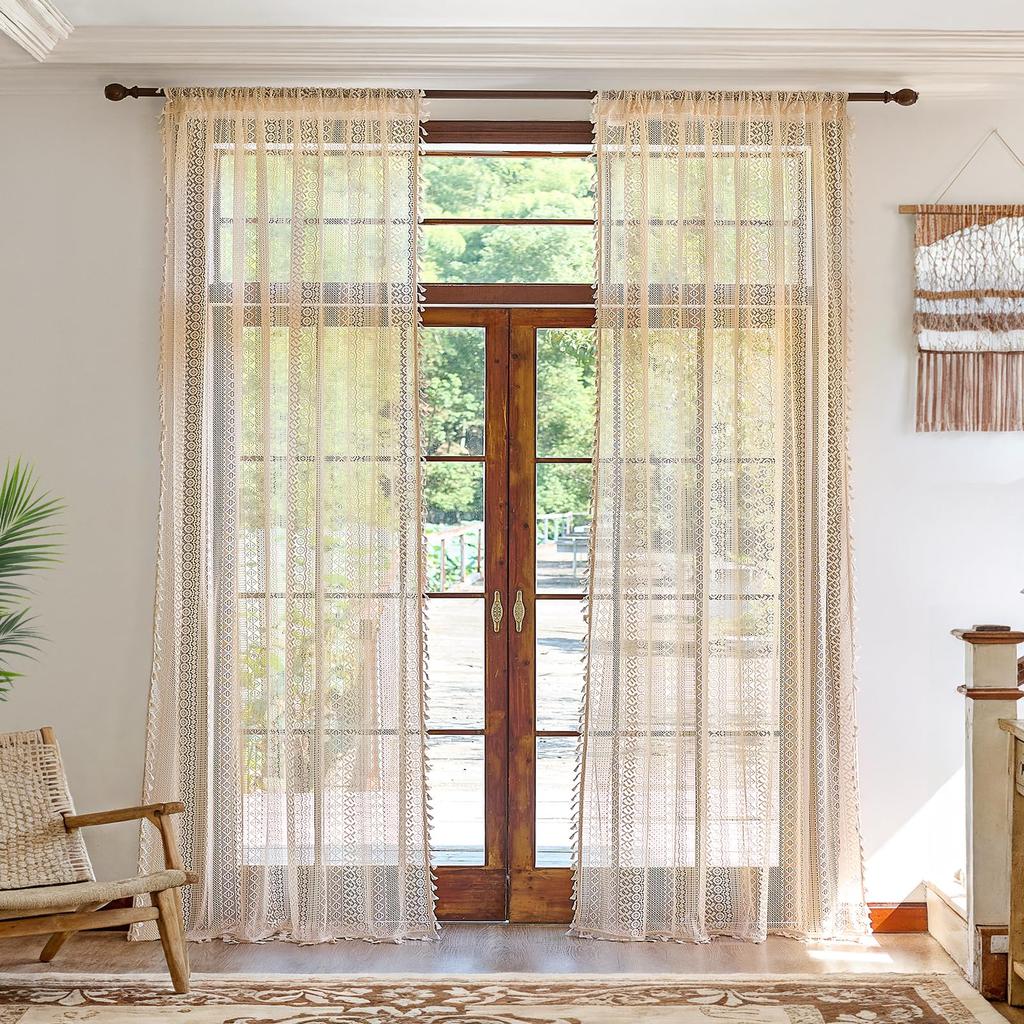 Boho Crochet Curtain, Sheer Lace Handmade Tassels Knitted Window Treatment Vintage Rustic Bohemian Farmhouse Drape for Bedroom