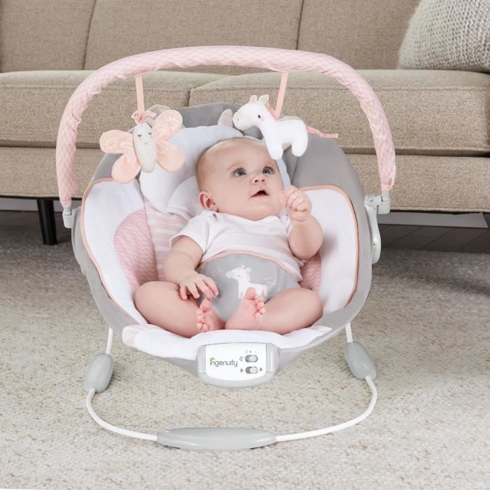 INGENUITY Baby Bouncer - Flora - Removable Activity Arch with Toys, 8 Melodies, Soothing Vibrations, Baby Christmas Gift