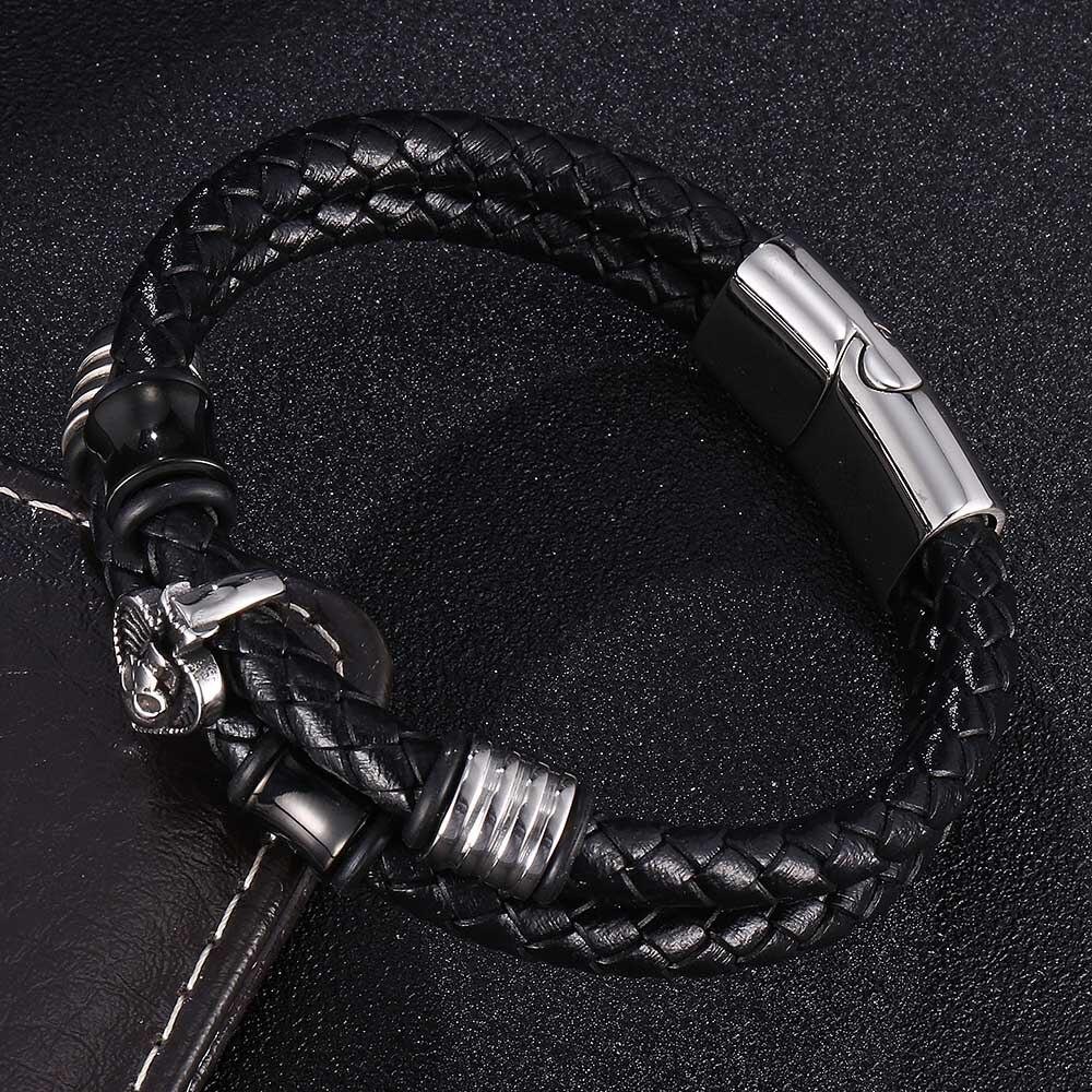 New Braided Wrap Genuine Leather Bracelets For Men Women Punk Charm Double-Layer Leather Spades Skull Bracelet Wristbands