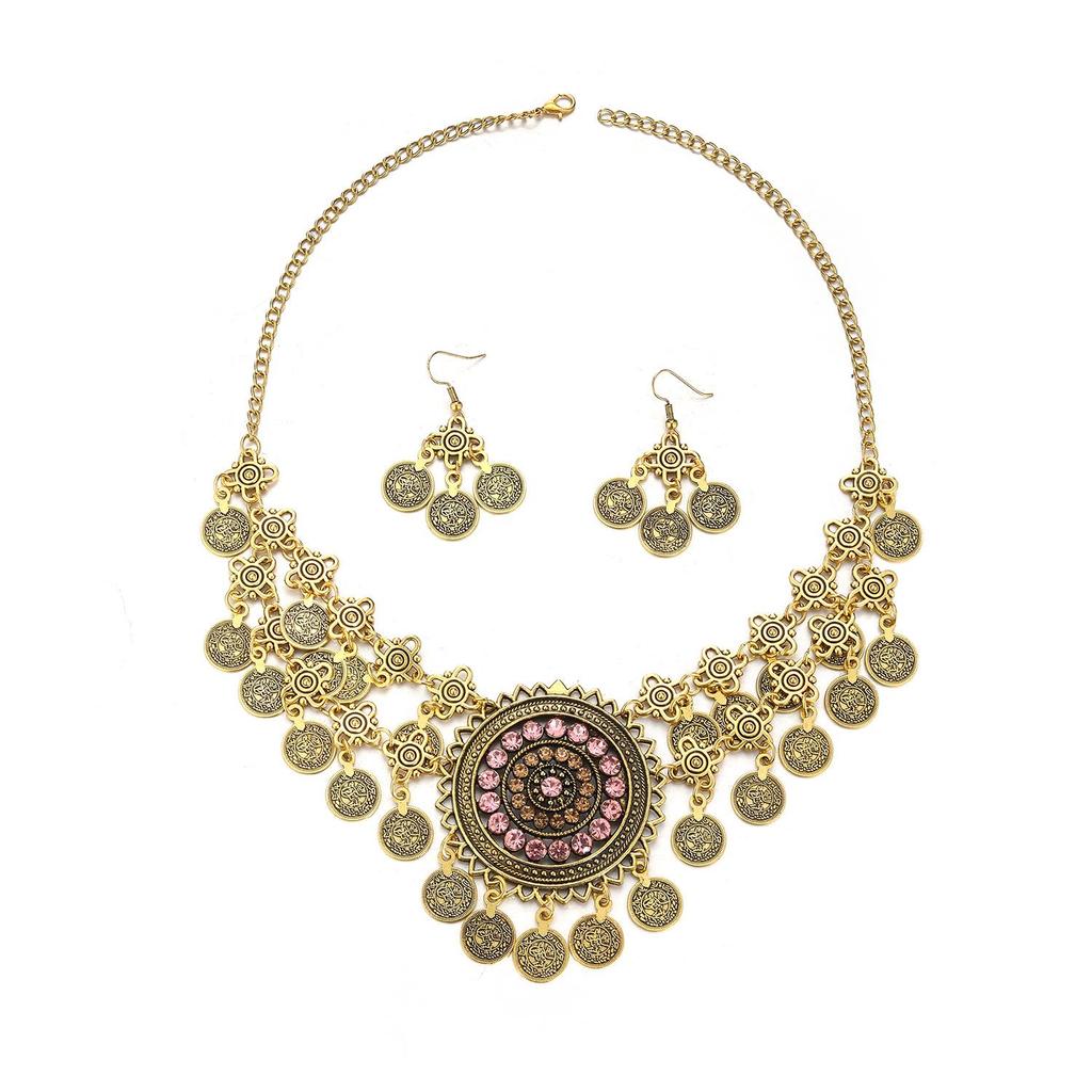 Bohemian Exotic Rhinestone Tassel Necklace & Earrings Set In Antiqued Alloy