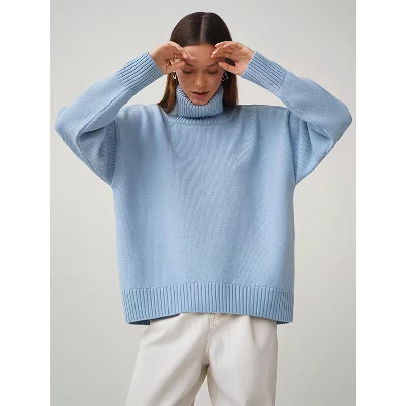 New Arrival Fall and Winter Plaid Loose All-Matching Graceful Pullover Turtleneck Sweater Turtleneck Loose Sweater
