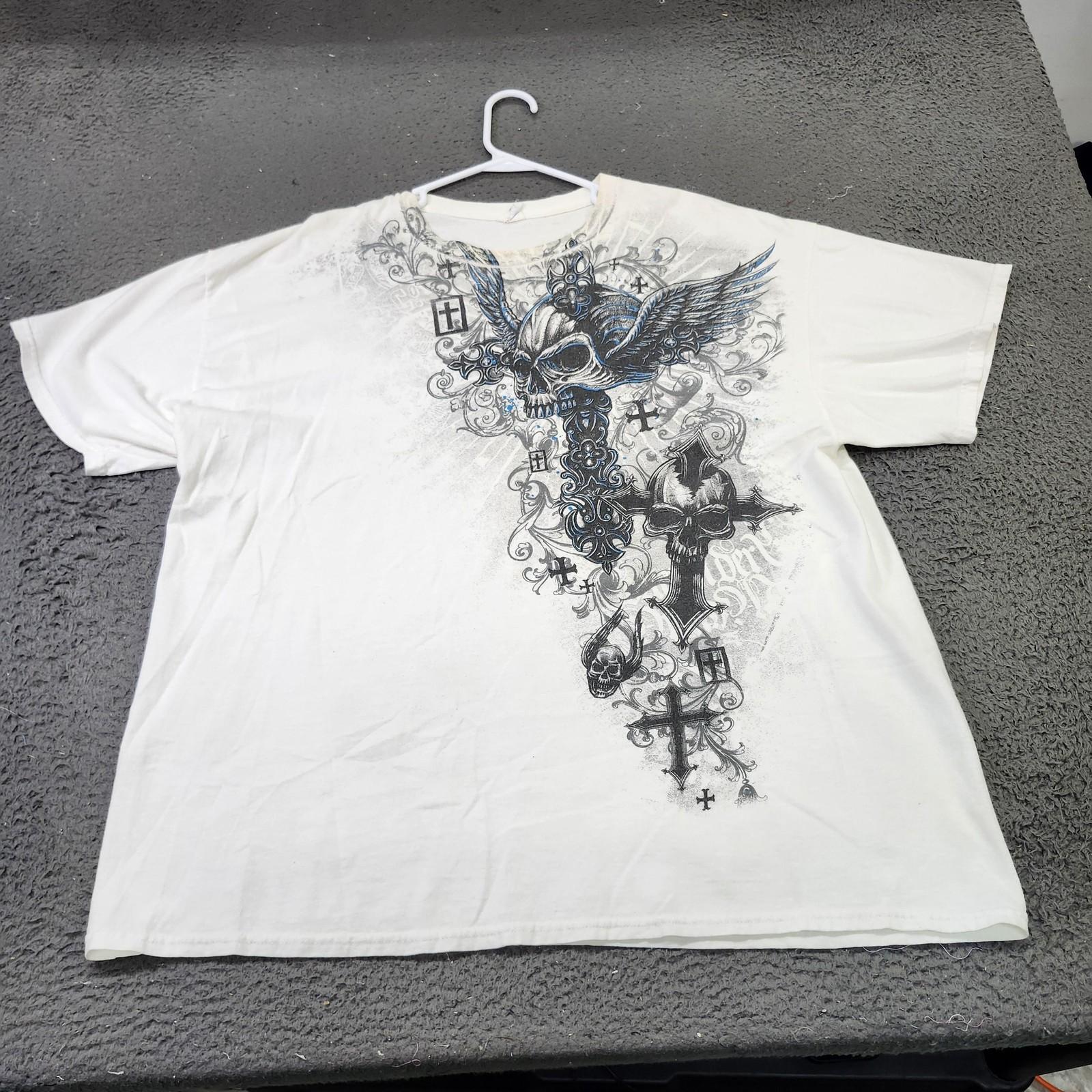 Gildan Heavy Cotton Shirt Mens 2XL White Winged Skull Cross Graphic Tee Gothic Unisex T-Shirt S
