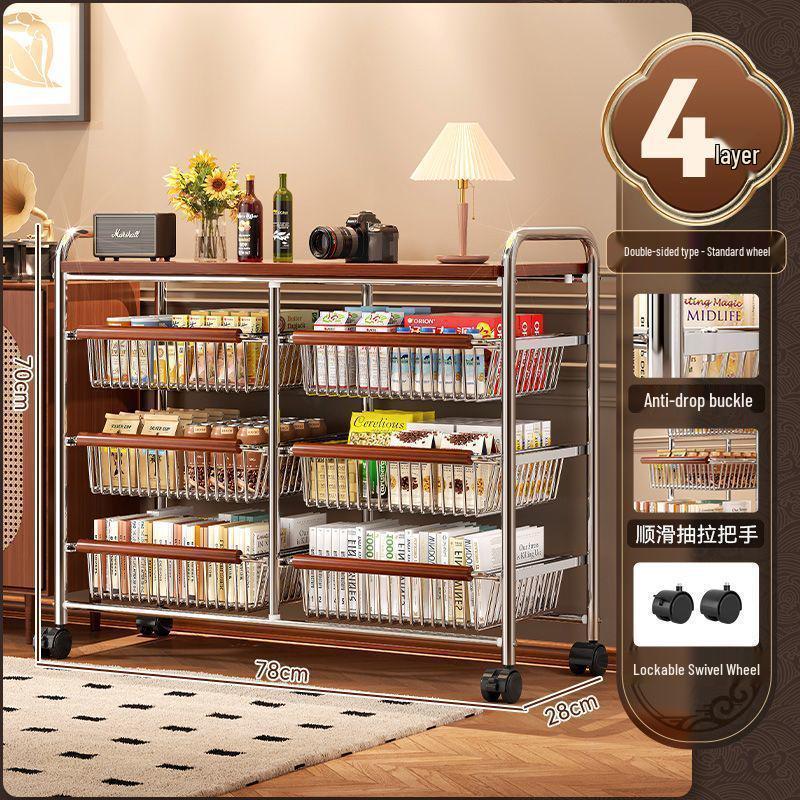 Multi-Layer Trolley Bookshelf with Wheels: Floor-Standing Chinese Style Snack and Sundry Storage Cabinet for Living Room