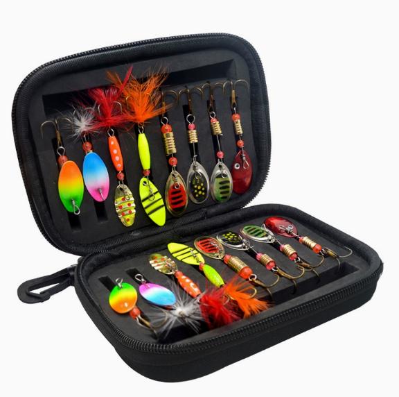 Rotating Spinner Lure Set, 16Pcs 3.5g Metal Spoon Baits with Tackle Box for Trout and Bass