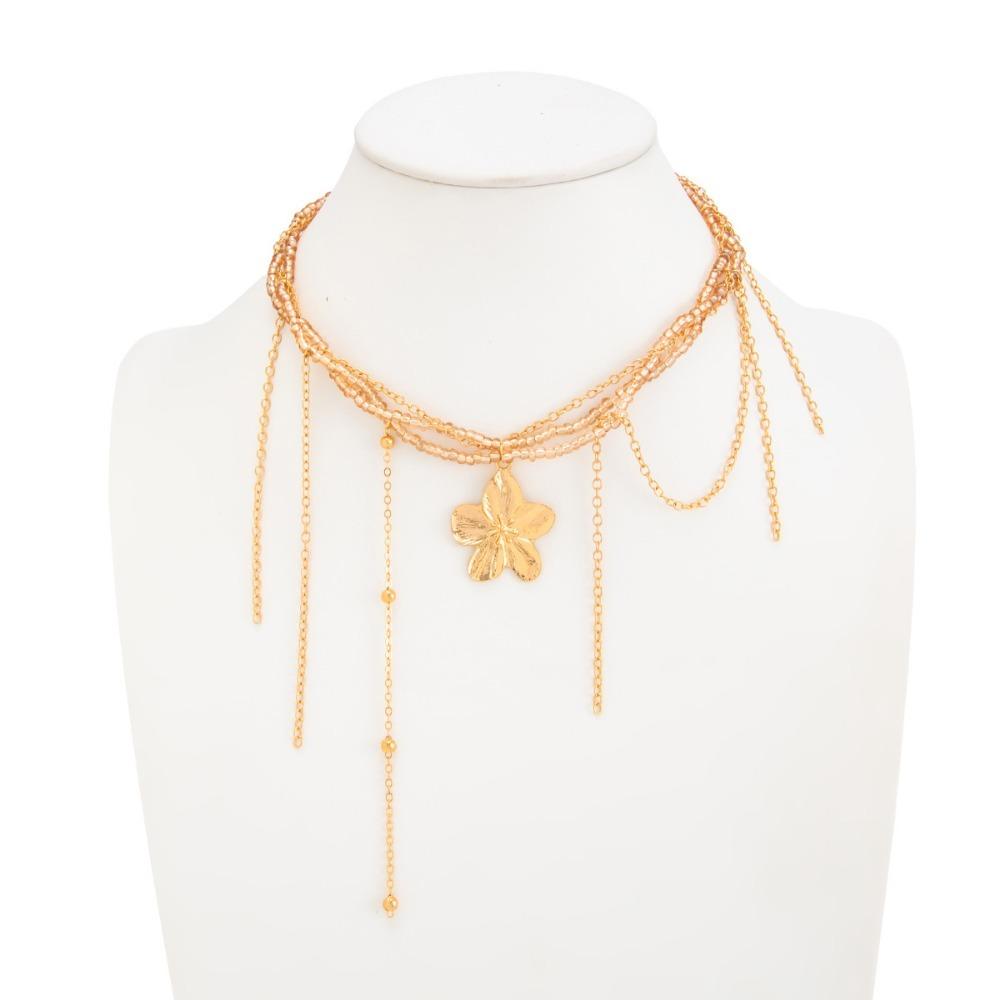 Temperament Creative Gold Color Multi Strand Beaded Flowe Tassel Pendant Necklace for Women Fashion Ins Style Party Jewelry Gift