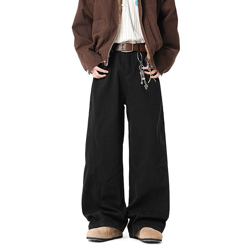 51 Hip-Hop Scimitar Jeans with Thick Fleece for Men and Women, Winter American-Style Trendy Brand, Retro Loose Spliced Wide-Leg Long Pants