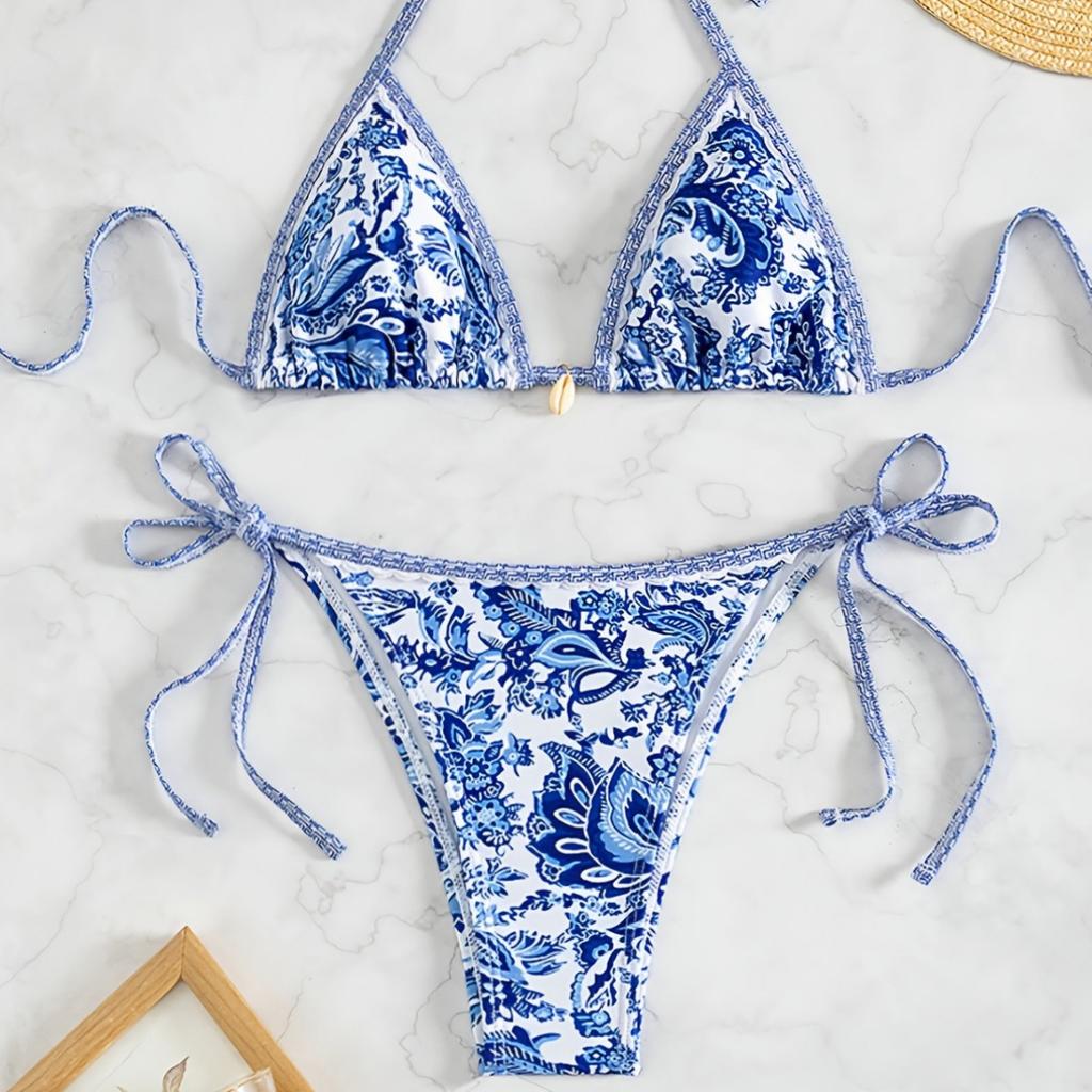 Damen Bedrucktes Zweiteiliges Bikini-Set Mit Bindeband Bademode 0916