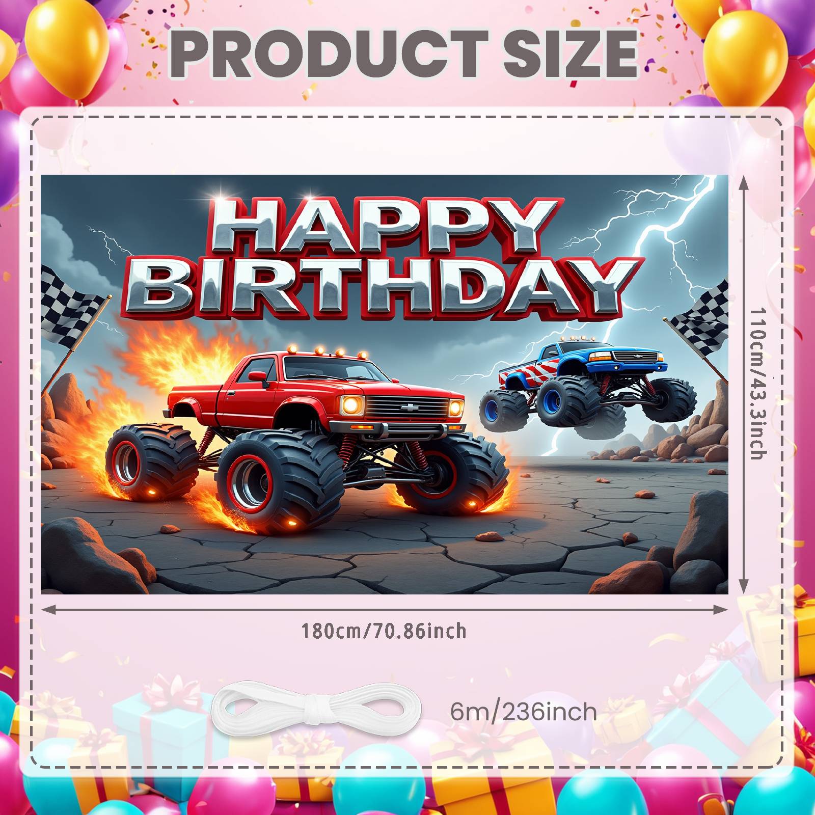 

Party Background Vibrant Color Scheme Birthday Celebration Display Racing Party Display Monster Truck Theme For Teen Boys