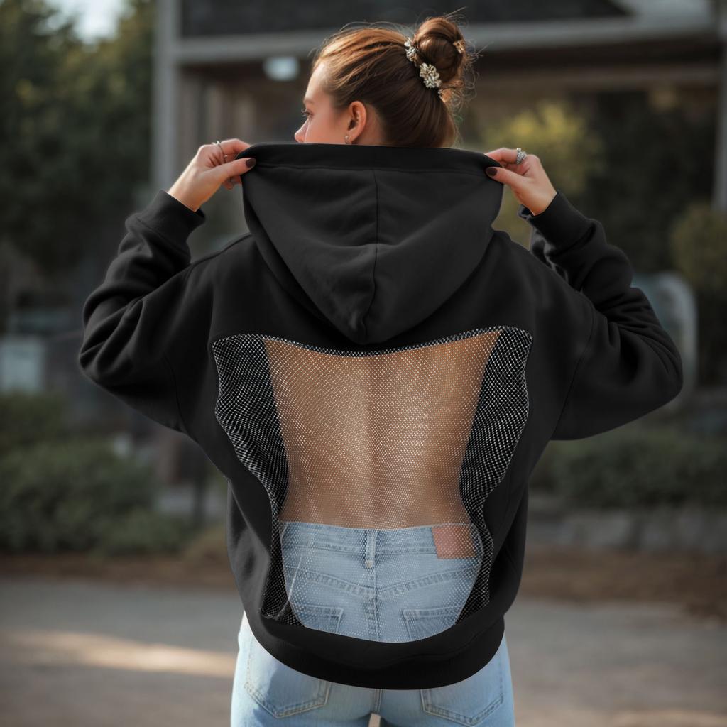 Harajuku Kapuzenpullover Damen Rückenfrei Netz-Patchwork Hoodies Streetwear Transparente Pullover Sport-Sweatshirt Tops