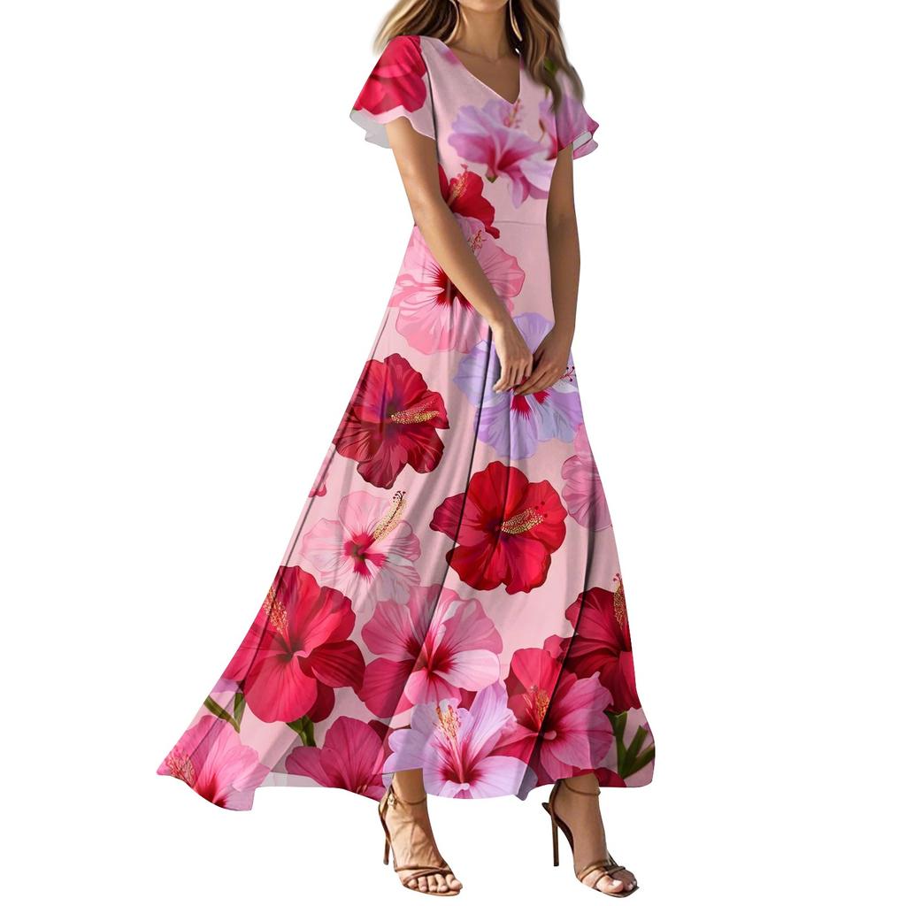 Lässiges Damenkleid mit V-Ausschnitt, kurzen Ärmeln und hoher Taille, Retro-Blumenblatt-Print