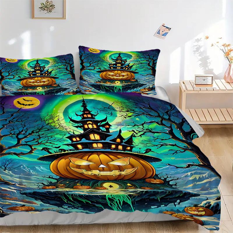 3pcs Halloween Pumpkin House Duvet Cover Set - Machine Washable, Includes 1 Cover and 2 Pillowcases, No Core Included Yy251013049