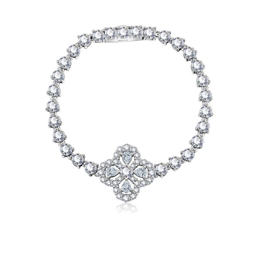 

S925 Серебряный Муассанит Четырехлистный Клевер Полный Бриллиантовый Браслет Ожерелье Персонализированные Универсальные Ювелирные Изделия Ручной Работы Для Женщин Качество Seiko 20CM