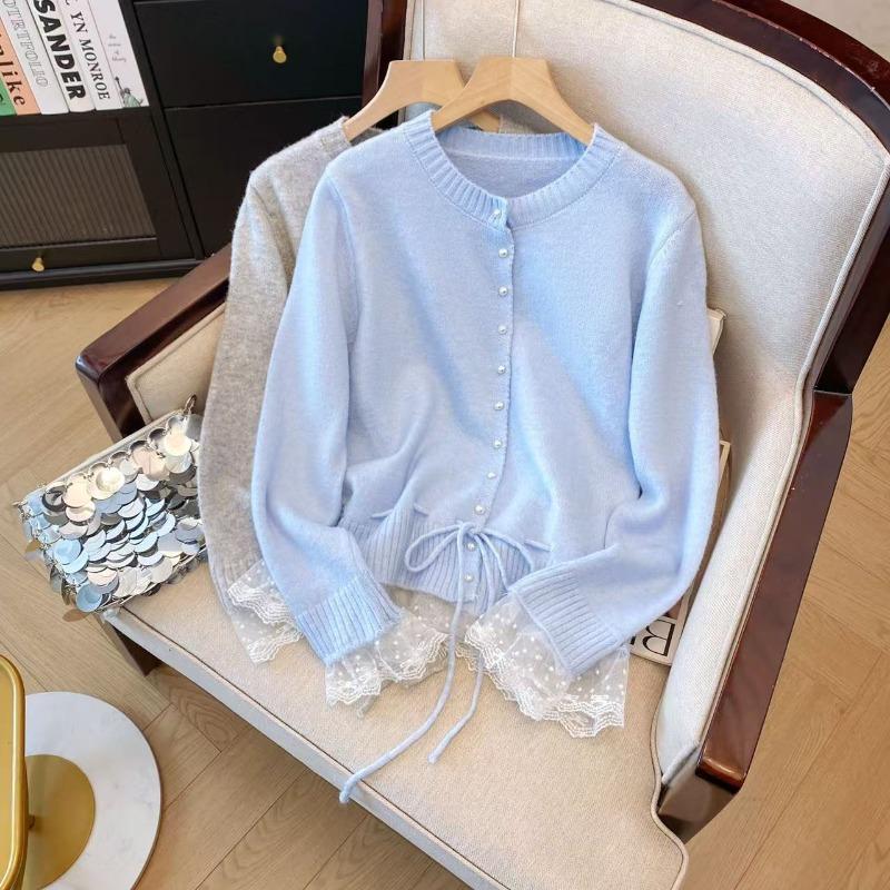 Gentle lace splicing lace-up knitted sweater spring and autumn new design drawstring waist sweater top