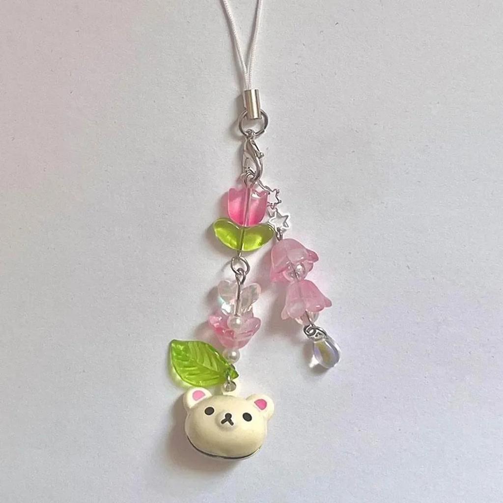 Cute Bear Strawberry Beaded Phone Chain Y2K Coquettish Fairytale Lily Of The Valley Keychain Handbag KeyPendant Accessories Gift