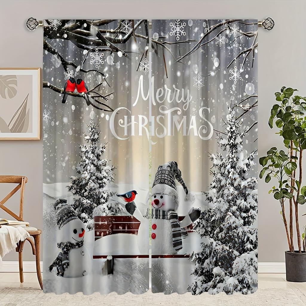 Christmas Snowman Curtains Trees Birds Polyester Fabric Perfect Living Room Decoration Curtain Machine Washable For Great