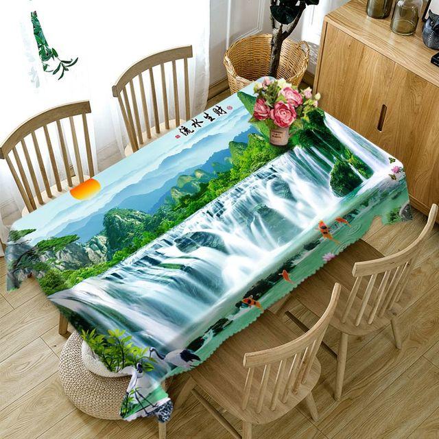 Chinese Style Tablecloth Waterfall And High Mountains Landscape Pattern Washable Thicken Rectangular Table Cloth For Wedding