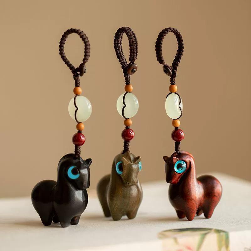 1 Pendentif Cheval Exquis Pendentif Téléphone Portable Mignon Porte-clés Voiture Cadeau Nouvel An Boucle de Jade Pendentif en Bois