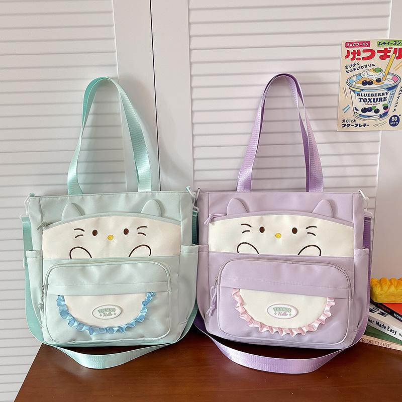 Cartoon Cat Crossbody Bag College Style Large Capacity Shoulder Tote Bag Student Class Book Bag