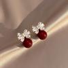 S925 Silver Butterfly Stud Earrings with Wine Red Pearl & Diamond Inlay - Retro Fashion High-End Ear Jewelry
