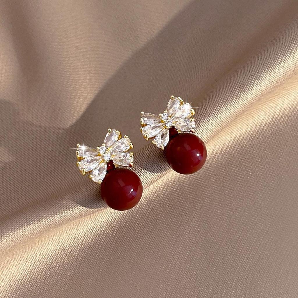 S925 Silver Butterfly Stud Earrings with Wine Red Pearl & Diamond Inlay - Retro Fashion High-End Ear Jewelry