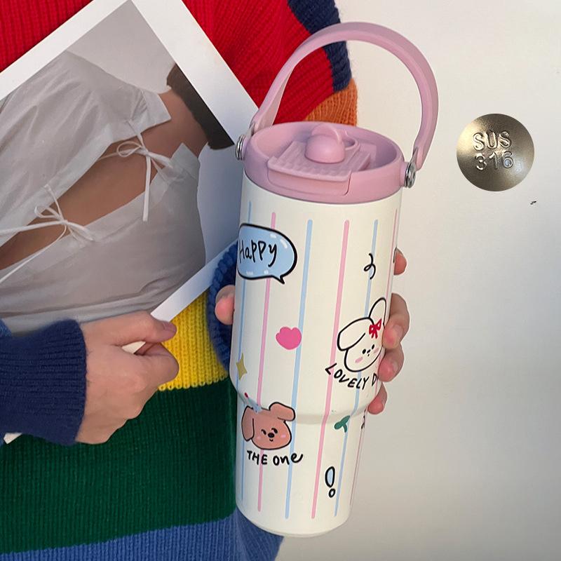 

Чашка с мультяшным животным, соломенная, высокого уровня, чашка для льда Bully, портативная чашка для кофе, термос для женщин, большая емкость для воды 900ml