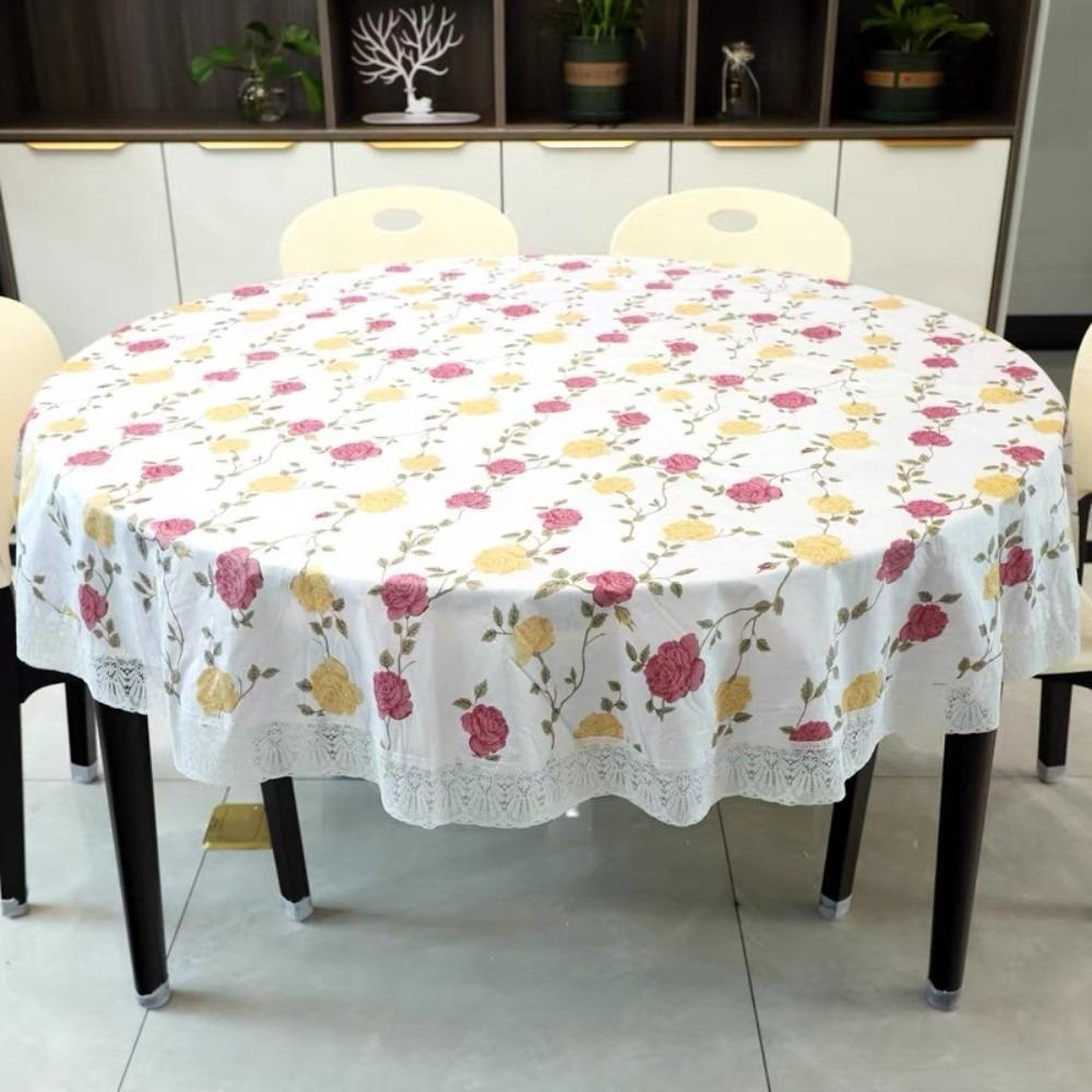 Pastoral Style PVC Tablecloth Printed Design Oil Resistant Waterproof Tablecloth Lace Hem Flower Pattern Round Table Cover