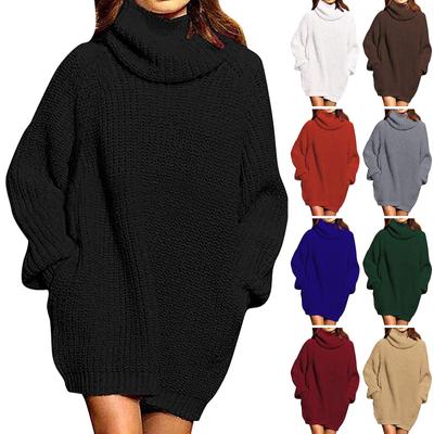 Modische, warme Basics, lange Ärmel, Stehkragen, Tasche, mittellanges Pack-Hüftkleid, lockerer Pullover, Damen-Strickwaren