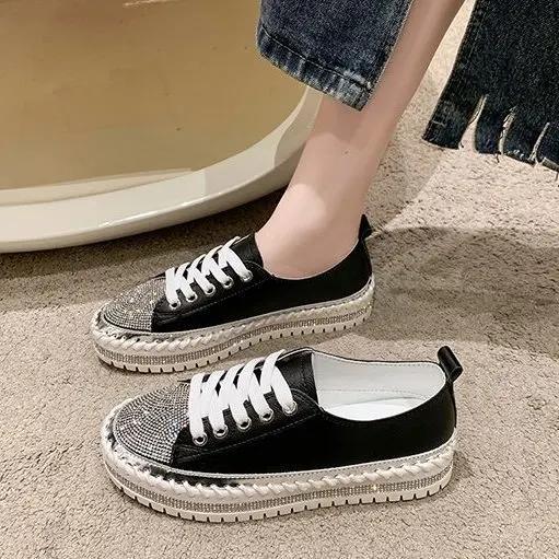 Fashion Low Loafers Whit With Crystals Rhinestone Ladies Shoes Lace Up Diamond Women Footwear High On Platform Urban High Quality Price