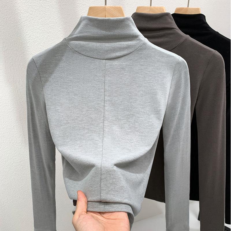 Semi-turtleneck bottoming shirt women's 2025 new women's clothing fashion splicing solid color long-sleeved t-shirt high-end inner top