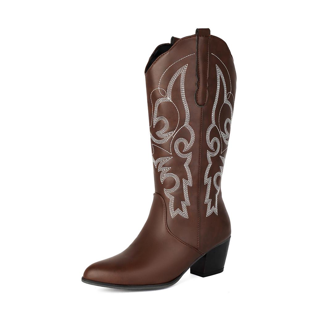 Embroidered Flower Women'S Boots Medium Tube Knight Boots Thick Medium Heel Locomotive Boots 40-48 Large Size Boots