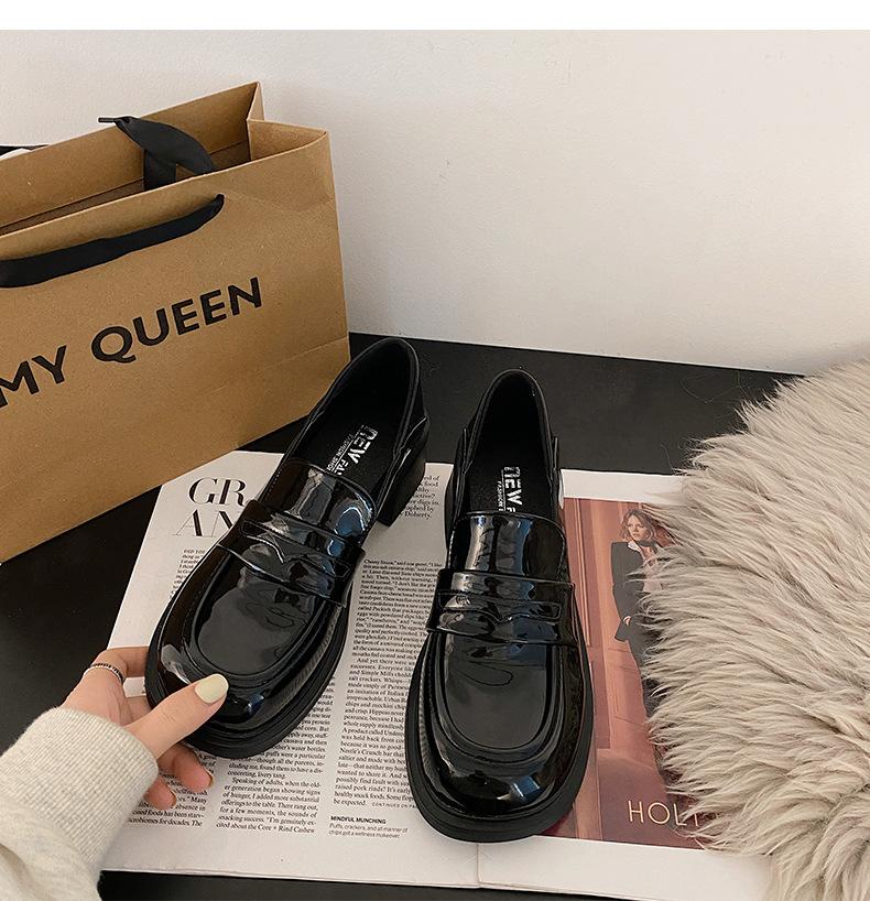 

Туфли женские кожаные на толстом высоком каблуке в ретро-британском стиле 2025 года, универсальные черные мокасины на платформе с круглым носком 40