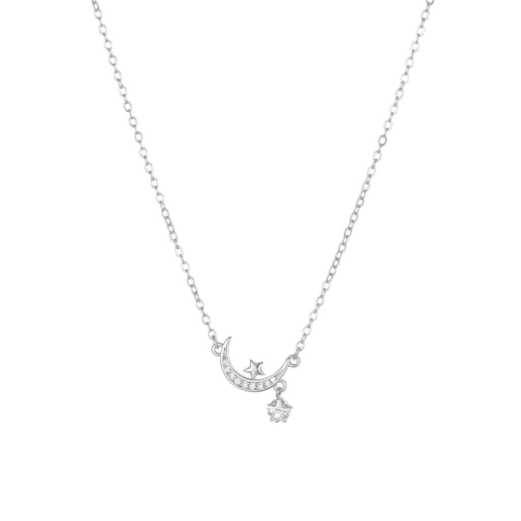 18K Gold-Plated Sterling Silver Star & Moon Diamond Pendant Necklace for Women - Luxury Design Clavicle Chain