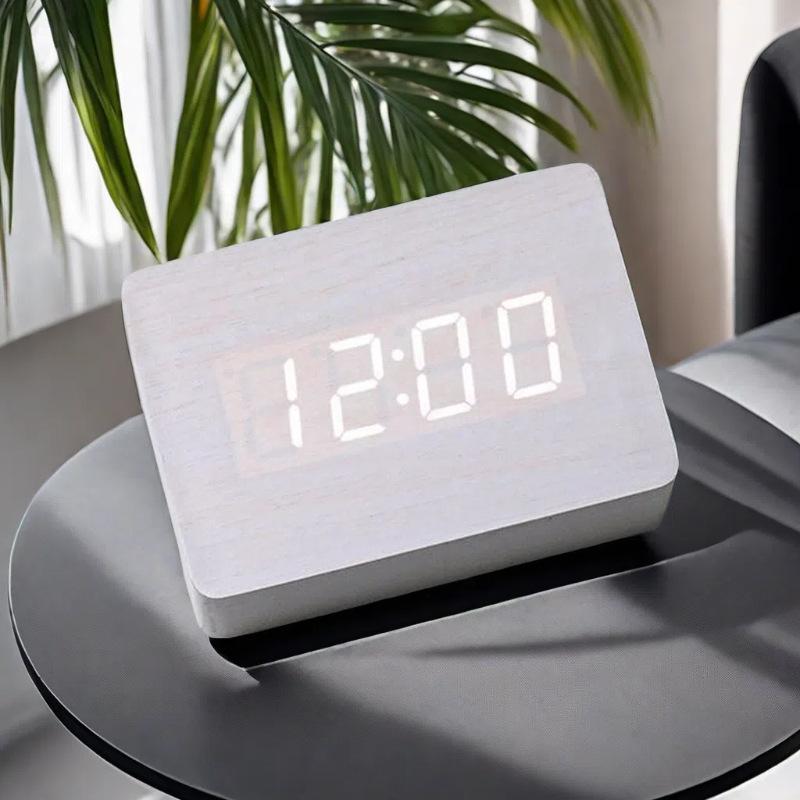 LED Desktop Clock Alarm Decoration Wooden Alarm Watch Table Voice Control Digital Wood Powered Electronic Desktop Clocks2