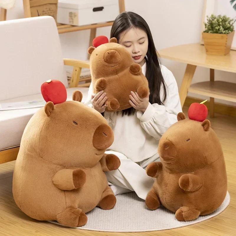 Favorite Toy Unisex Kids Brown Sitting Capybara Stuffed Aquatic Animal With Red Apple On The Head Fatty Plush Toy Kids Present