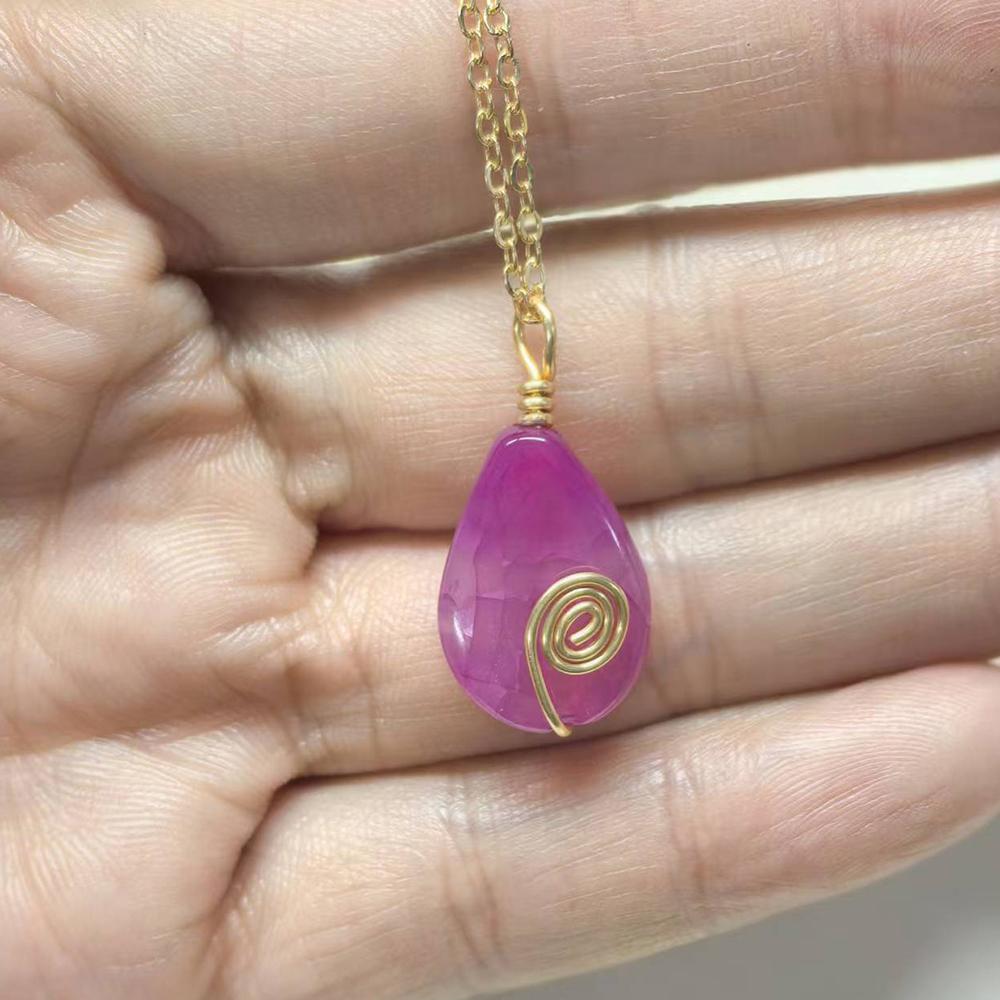 1pc Natural Stone Pendant Necklace Wire Wrapped Water Droplet Pendulum Necklace Christmas Gift