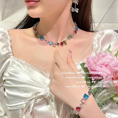 Buntes Süßigkeitenfarbenes Edelstein-Halsketten-, Designer-, 18 Karat Gold-Regenbogen-Zirkon-Kristall-Armband-Set