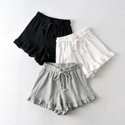 Shorts Femininos de Malha Waffle com Cordão, Cintura Elástica, Shorts com Babados, Pernas Largas, Shorts Fluidos, Roupa Casual de Verão para Relaxar