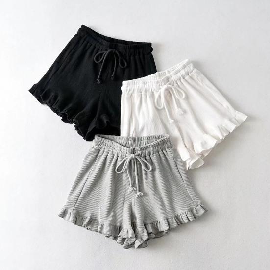Women's Waffle Knit Shorts Drawstring Elastic Waist Ruffle Shorts Wide Leg Flowy Shorts Lounge Summer Casual Outfit