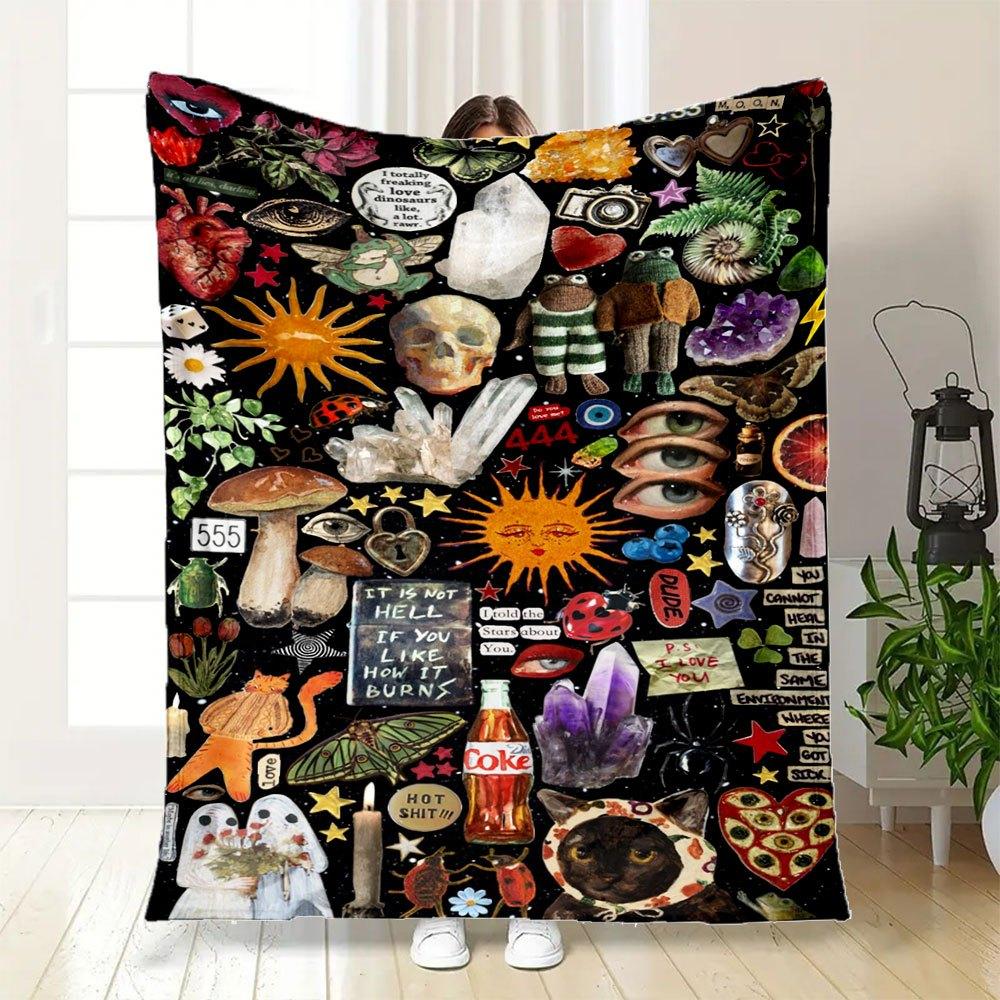 "Bohemian Vibes: Eclectic Collage Art Print"Blanket Flannel Throw Blanket for Sofa, Bed, Travel, Camping, Office