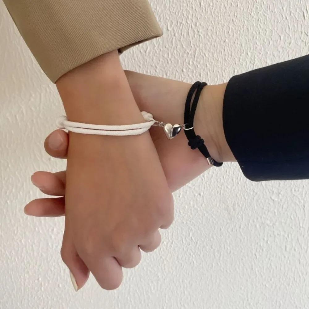 2Pcs Black White Hand Rope Bracelet, Magnetic Heart Charm, Couple Best Friend Bangle, Elegant Party Jewelry Gift
